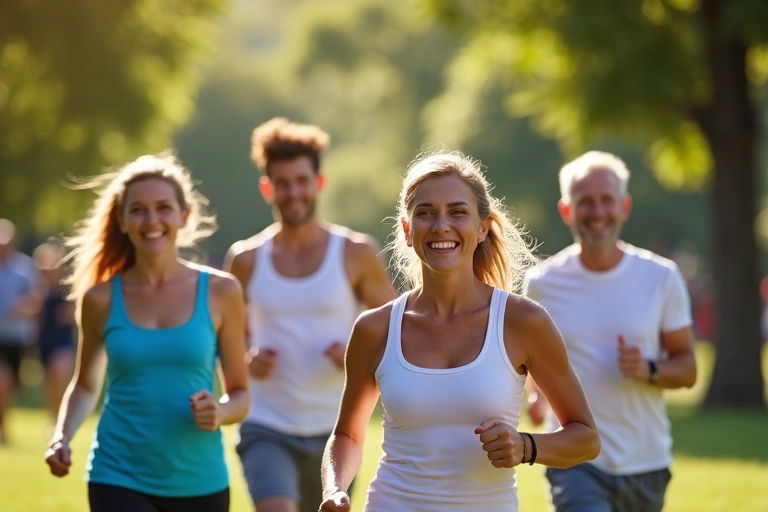 Group of diverse people exercising together outdoors