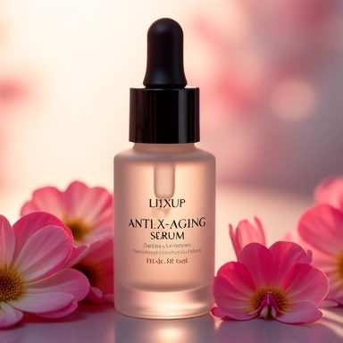 Anti-Aging Serum bottle with a dropper, surrounded by delicate flower petals and soft light, emphasizing luxury and natural ingredients.