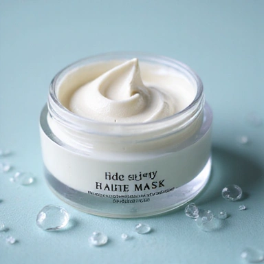 Hydrating Face Mask in a luxurious jar, with a smooth, creamy texture visible, surrounded by moisture droplets and soft, clean aesthetics.