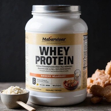 Premium Whey Protein Isolate in a sleek, modern tub, showing a scoop and muscle fibers in the background.