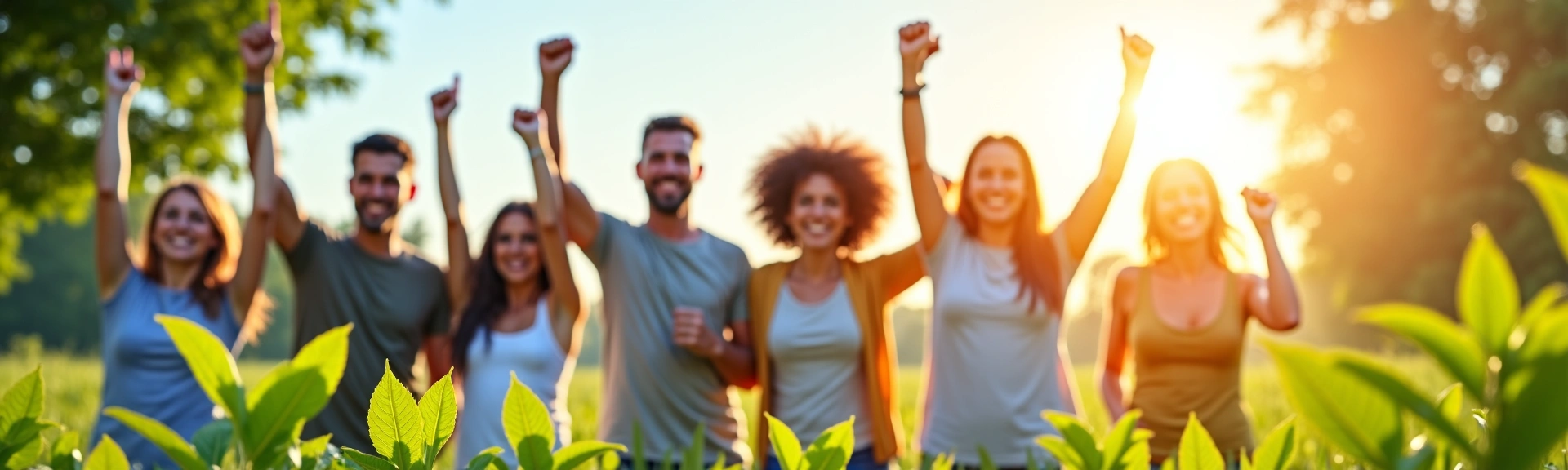 Promotional banner featuring a diverse group of healthy individuals enjoying life, surrounded by natural elements like green leaves and sunlight, conveying vitality and well-being. No text.